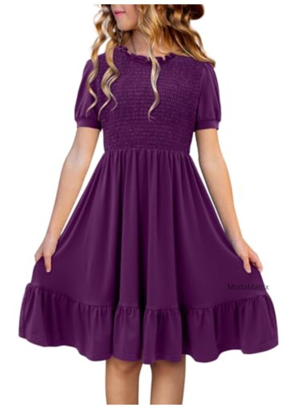 Girls Casual Knee-Length Puff Sleeve Smocked Ruffle Dress Soft Stretchy